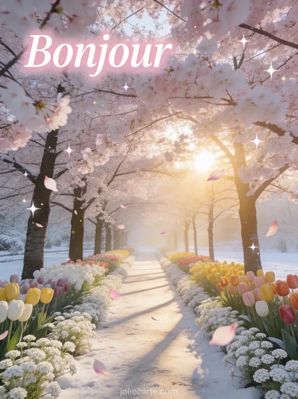 Parc au printemps avec allées fleuries de cerisiers et tulipes, achillée millefeuille blanche en bordure, soleil rasant doré et pétales qui s'envolent avec le texte Bonjour