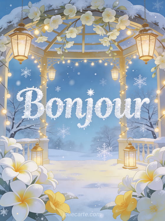 Tonnelle de jasmin sous un ciel d'hiver avec frangipaniers blancs, neige légère sur les branches et lanternes lumineuses dorées