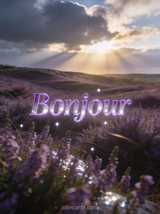 Lande de bruyère violette à perte de vue ondulant sous le vent, ciel avec rayons de soleil perçant et étoiles scintillantes avec le texte Bonjour