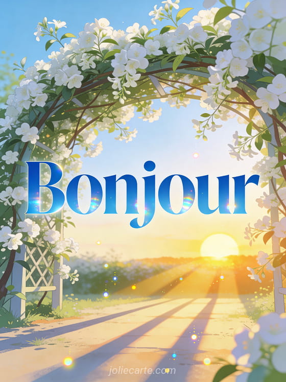 Tonnelle de jasmin blanc en été avec fleurs abondantes et lumière rasante du matin créant de longues ombres poétiques