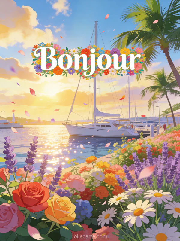 Port de plaisance avec voiliers blancs et palmiers, éclaircies avec rayons de soleil dorés, fleurs multicolores en massif et pétales dans la brise avec le texte Bonjour