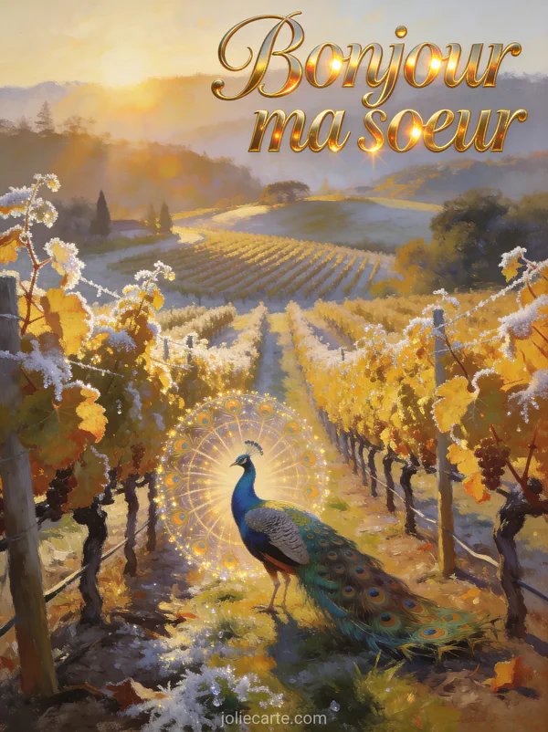 Vignoble de la Napa Valley au soleil couchant avec vignes dorées, givre scintillant et paon faisant la roue entre les rangs de vignes avec le texte Bonjour ma soeur