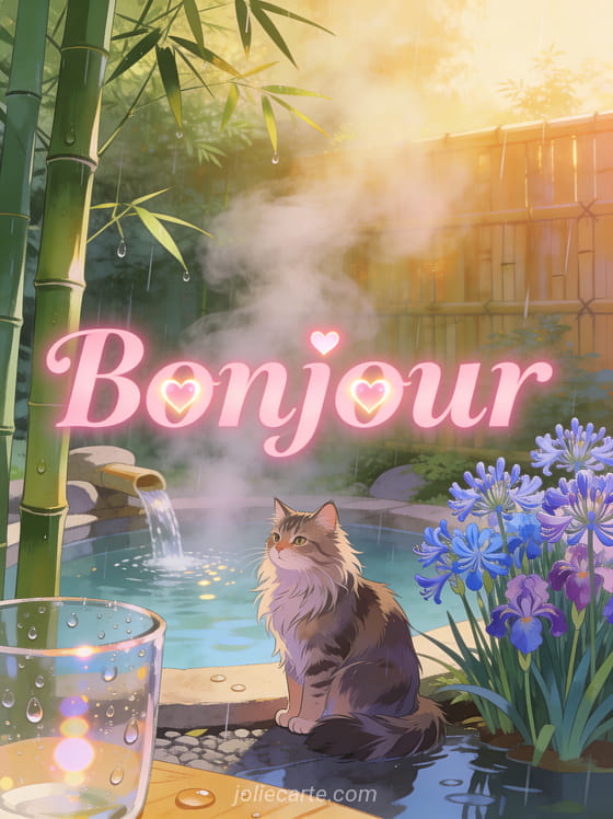 Chat maine coon majestueux près d'une source chaude avec bambous, agapanthes bleues et vapeur dorée avec le texte Bonjour