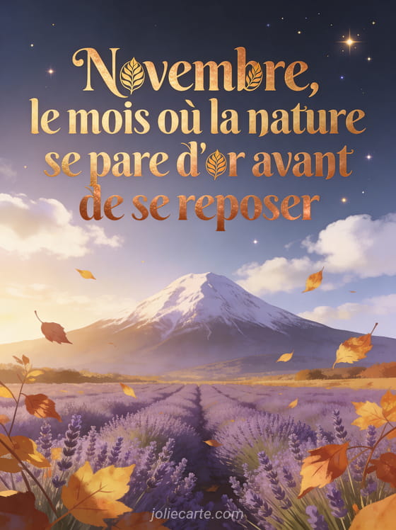 Champs de lavande face à une montagne enneigée, feuilles d'automne dorées tombant doucement sous une lumière cuivrée avec le texte sur novembre