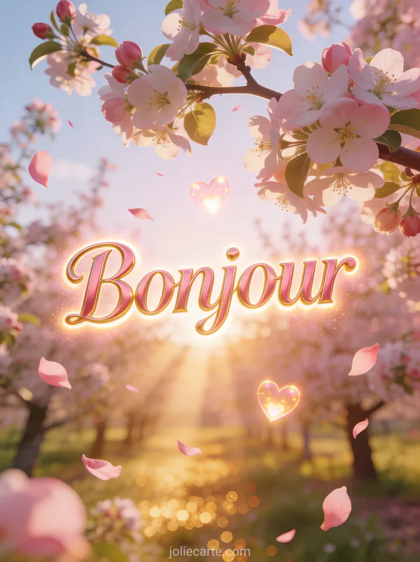 Verger de pommiers en fleurs avec pétales roses volant au vent, cœurs lumineux parmi les branches et bokeh rose doré