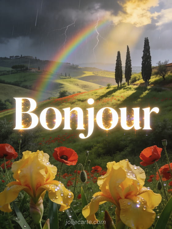 Collines de Toscane verdoyantes avec coquelicots rouges et cyprès, arc-en-ciel entre les averses, iris jaunes au premier plan et lumière dorée avec le texte Bonjour