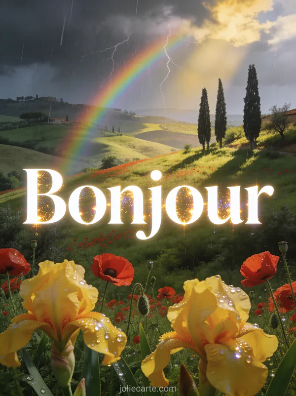 Collines de Toscane verdoyantes avec coquelicots rouges et cyprès, arc-en-ciel entre les averses, iris jaunes au premier plan et lumière dorée avec le texte Bonjour