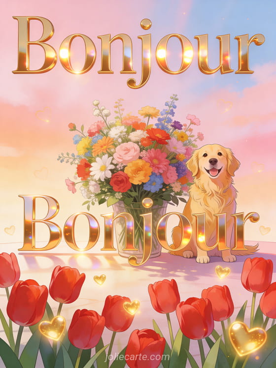 Golden retriever joyeux à côté d'un bouquet de fleurs colorées avec tulipes rouges et cœurs lumineux dorés sur fond pastel