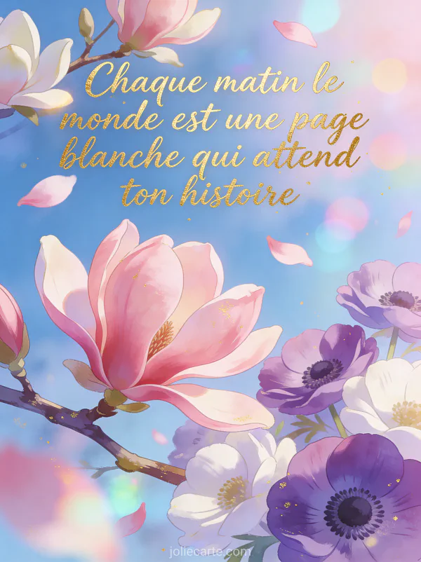 Magnolias roses en gros plan avec anémones violettes et blanches, lumière douce poétique du matin, pétales flottants et bokeh bleu et rose avec le texte poétique