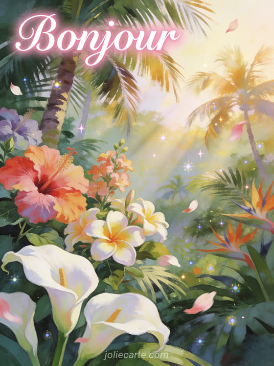 Paysage tropical luxuriant avec palmiers, hibiscus et frangipanier, arums blancs au premier plan et rayons dorés du matin