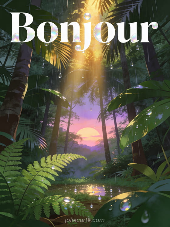 Forêt tropicale luxuriante avec rayon lumineux perçant la canopée, gouttes de pluie scintillantes, fougères vertes et coucher de soleil pastel avec le texte Bonjour