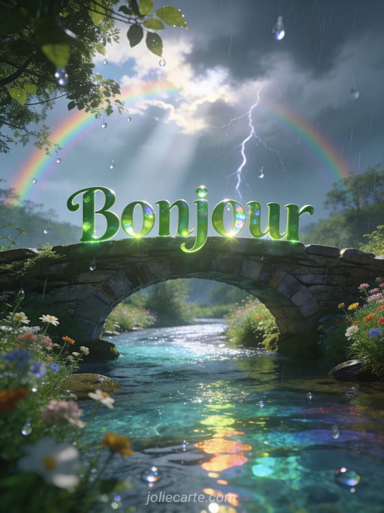 Pont de pierre ancien au-dessus d'une rivière cristalline avec fleurs sauvages, averses avec rayons de soleil et arc-en-ciel