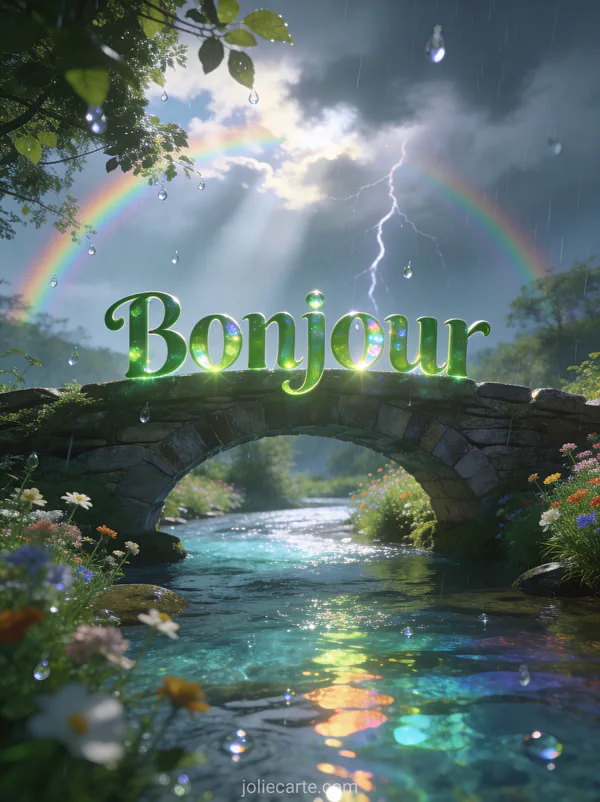 Pont de pierre ancien au-dessus d'une rivière cristalline avec fleurs sauvages, averses avec rayons de soleil et arc-en-ciel