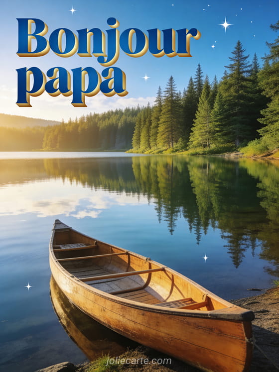 Lac canadien majestueux avec forêt de conifères verts et reflets dans l'eau calme, canoë en bois au bord du lac et lumière dorée avec le texte Bonjour papa