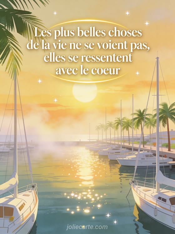 Port de plaisance avec voiliers blancs et palmiers, vapeur légère sur l'eau et lumière dorée du soleil levant avec reflets scintillants