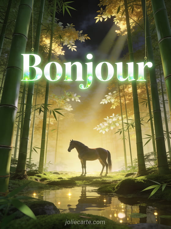Forêt de bambous au Japon avec tiges vertes imposantes, cheval majestueux dans une clairière et lumière dorée filtrant à travers le feuillage avec le texte Bonjour