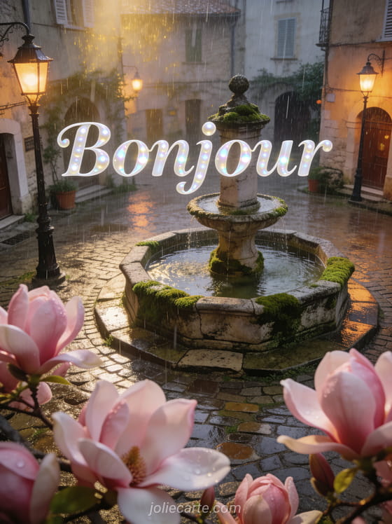 Place de village provençal avec fontaine en pierre ancienne, pluie fine, magnolias roses et lanternes allumées sur les pavés mouillés