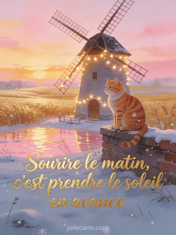 Moulin à vent pittoresque dans les champs dorés, chat roux tigré assis sur le muret, lumière chaude enveloppante et guirlandes lumineuses avec le texte poétique
