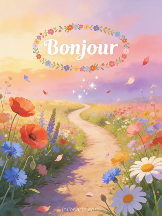 Chemin de campagne bordé de coquelicots, bleuets et marguerites sous un ciel rose et violet de lever de soleil avec pétales qui s'envolent