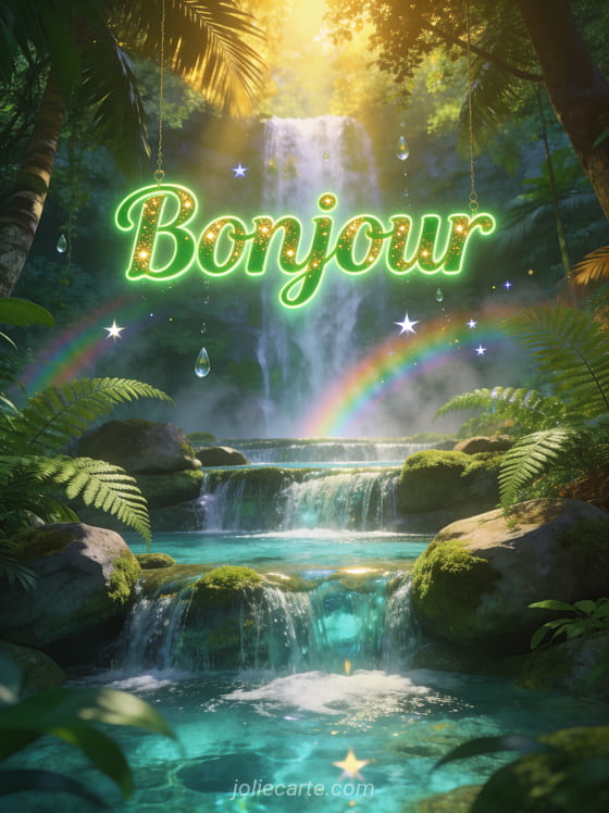 Forêt tropicale luxuriante avec cascade en escalier multiple, eau cristalline entre rochers moussus et fougères, lumière dorée perçant la canopée avec le texte Bonjour