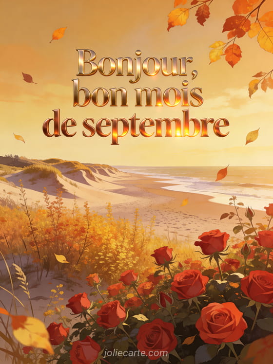 Plage sauvage avec dunes et herbes dorées d'automne, roses rouges au premier plan et feuilles orangées tombant sous un ciel ambré