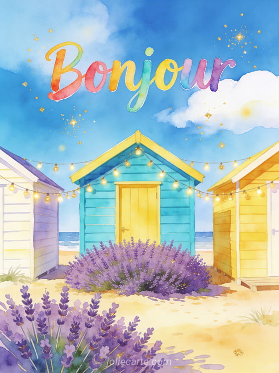 Cabane de plage colorée bleu turquoise et jaune citron avec bruyère violette et guirlandes lumineuses sous un ciel bleu radieux