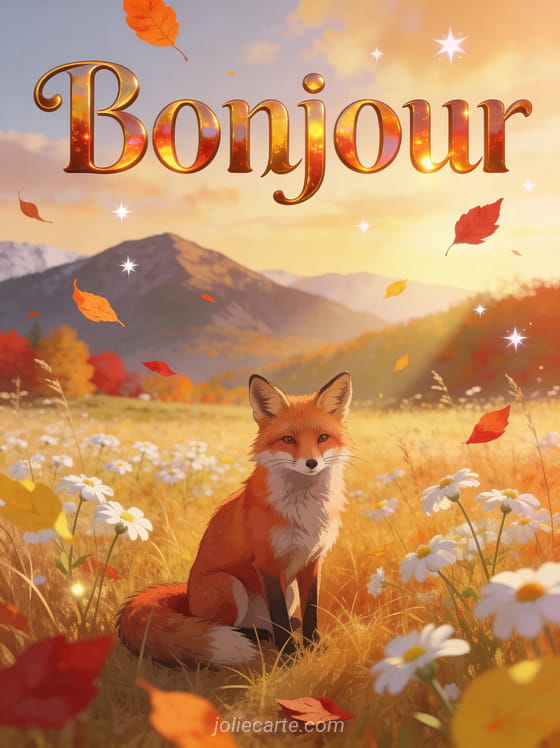 Alpage fleuri avec montagnes au loin sous ciel d'automne, renard roux assis dans les herbes dorées, pâquerettes blanches et feuilles orangées avec le texte Bonjour