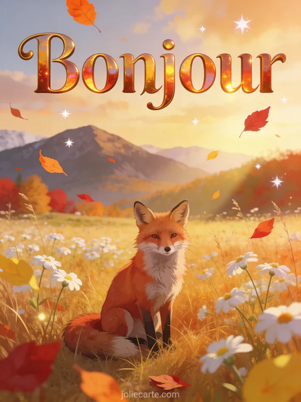 Alpage fleuri avec montagnes au loin sous ciel d'automne, renard roux assis dans les herbes dorées, pâquerettes blanches et feuilles orangées avec le texte Bonjour