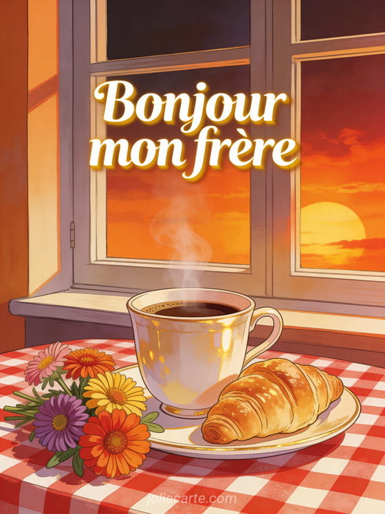 Tasse de café fumante avec croissant doré et petit bouquet de zinnias colorés sur nappe à carreaux avec coucher de soleil
