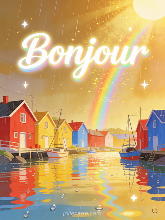 Village de pêcheurs scandinave aux maisons colorées rouges jaunes et bleues, soleil à travers la pluie dorée et arcs-en-ciel miniatures avec le texte Bonjour