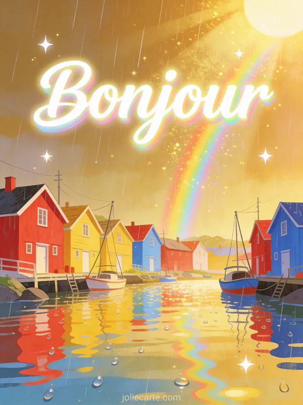 Village de pêcheurs scandinave aux maisons colorées rouges jaunes et bleues, soleil à travers la pluie dorée et arcs-en-ciel miniatures avec le texte Bonjour