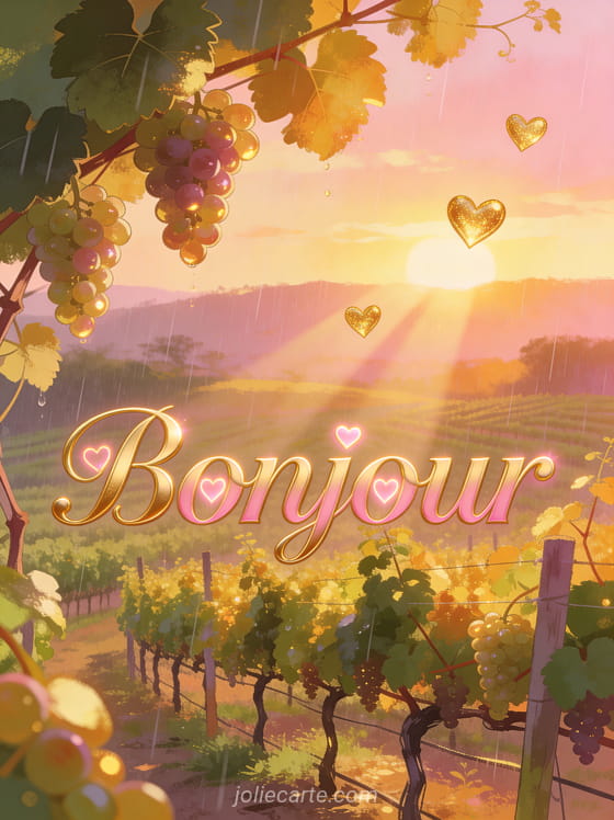 Vignoble de la Napa Valley avec vignes dorées sous le soleil couchant, pluie fine avec rayons de soleil et cœurs dorés flottants