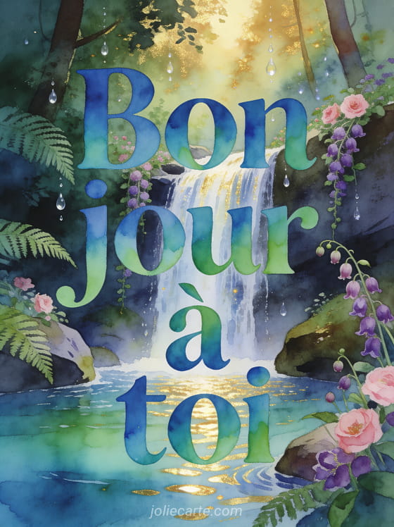 Cascade dans une forêt luxuriante avec fougères et pois de senteur roses grimpant les rochers, reflets dorés et gouttelettes scintillantes