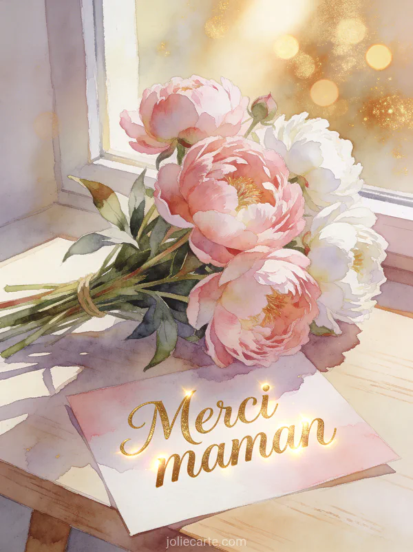 Bouquet de pivoines roses et blanches sur une table en bois clair près d'une fenêtre avec le texte Merci maman en lettres dorées