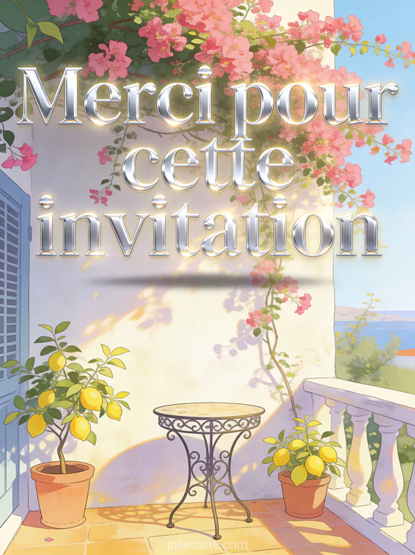 Terrasse méditerranéenne avec bougainvilliers roses et table en fer forgé avec le texte Merci pour cette invitation