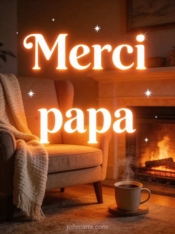 Fauteuil confortable près d'une cheminée avec un plaid et une tasse de café fumante avec le texte Merci papa en lettres blanches lumineuses