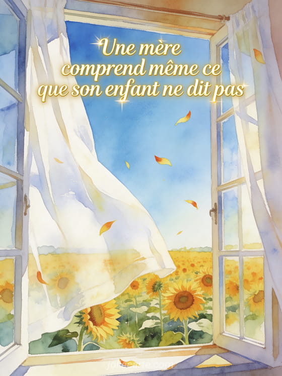 Fenêtre ouverte avec rideaux blancs et vue sur un champ de tournesols avec le texte Une mère comprend même ce que son enfant ne dit pas