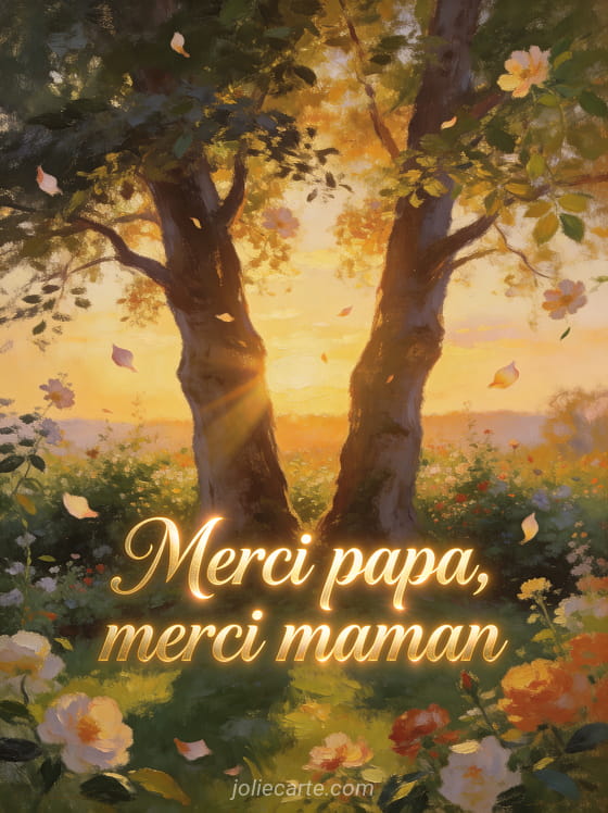 Deux arbres majestueux côte à côte dans un jardin fleuri au coucher du soleil avec le texte Merci papa merci maman en lettres cursives dorées