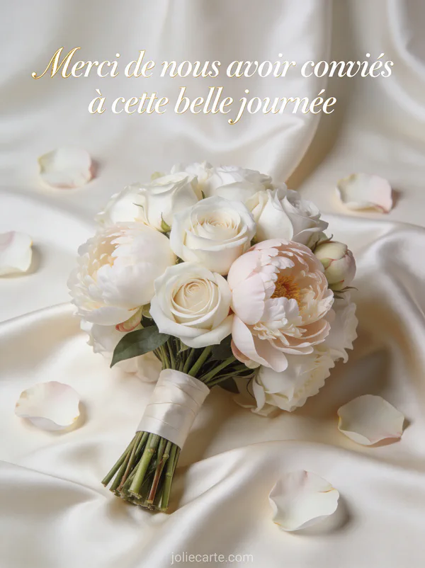 Bouquet de mariée avec roses blanches et pivoines sur tissu satiné avec le texte Merci de nous avoir conviés