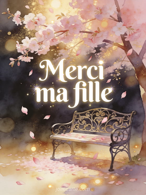 Cerisier en fleurs avec pétales roses qui tombent et un banc en fer forgé dans une lumière printanière avec le texte Merci ma fille