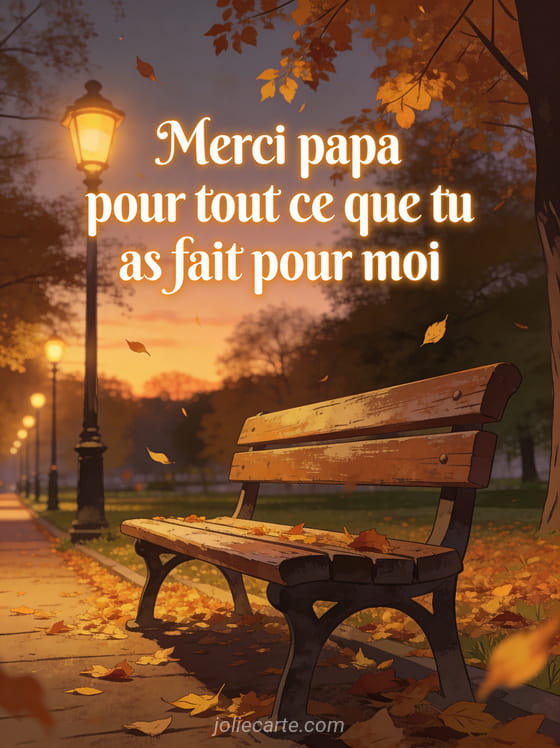 Banc en bois dans un parc au crépuscule avec des feuilles d'automne dorées et des lampadaires allumés