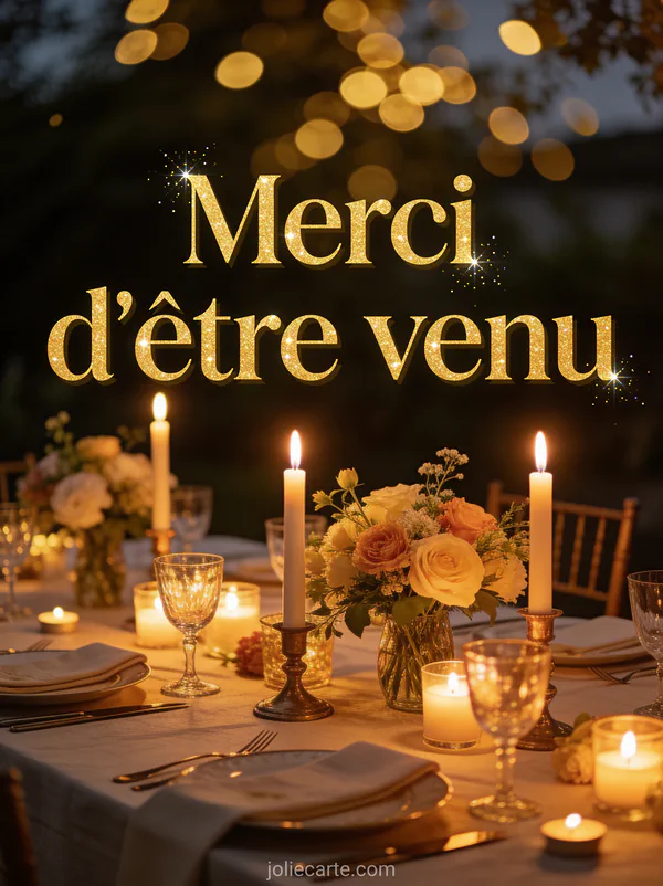 Table joliment dressée avec bougies allumées et fleurs fraîches dans une ambiance de fin de soirée avec le texte Merci d'être venu