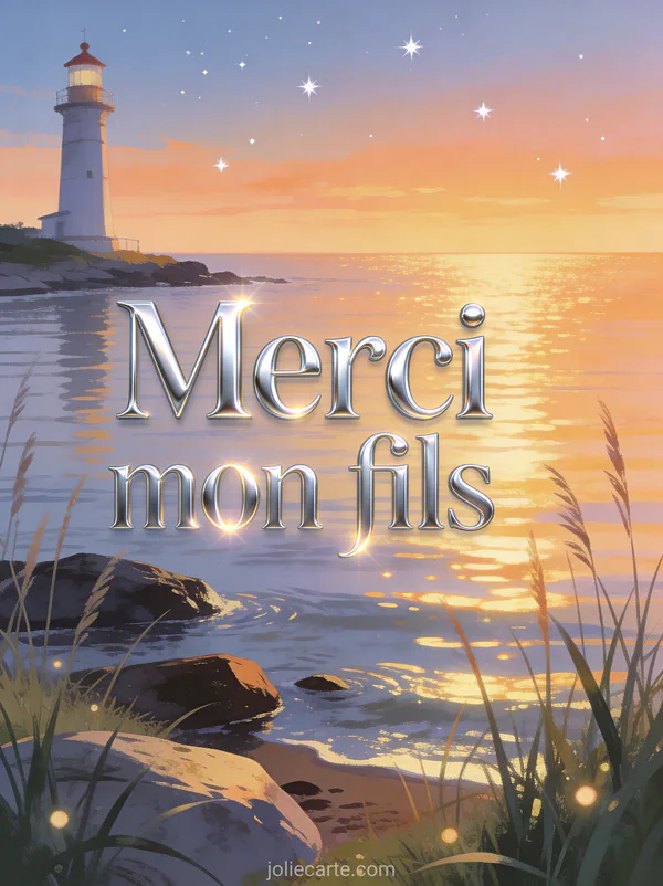 Phare au bord de la mer au crépuscule avec reflets dorés sur l'eau calme et étoiles naissantes avec le texte Merci mon fils