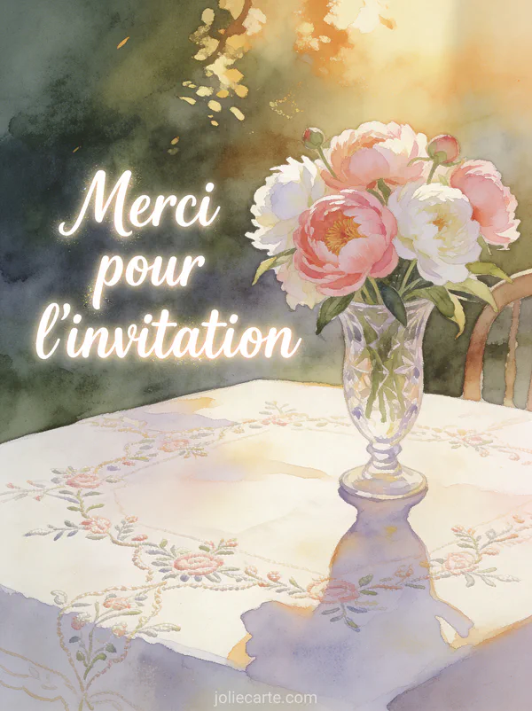 Bouquet de pivoines roses et blanches dans un vase en cristal sur une nappe brodée avec le texte Merci pour l'invitation en lettres blanches cursives