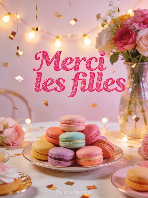 Table décorée avec macarons colorés, fleurs fraîches et guirlandes lumineuses dans une ambiance festive avec le texte Merci les filles
