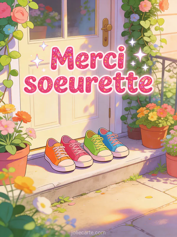 Deux paires de chaussures colorées sur le seuil d'une porte fleurie avec le texte Merci soeurette