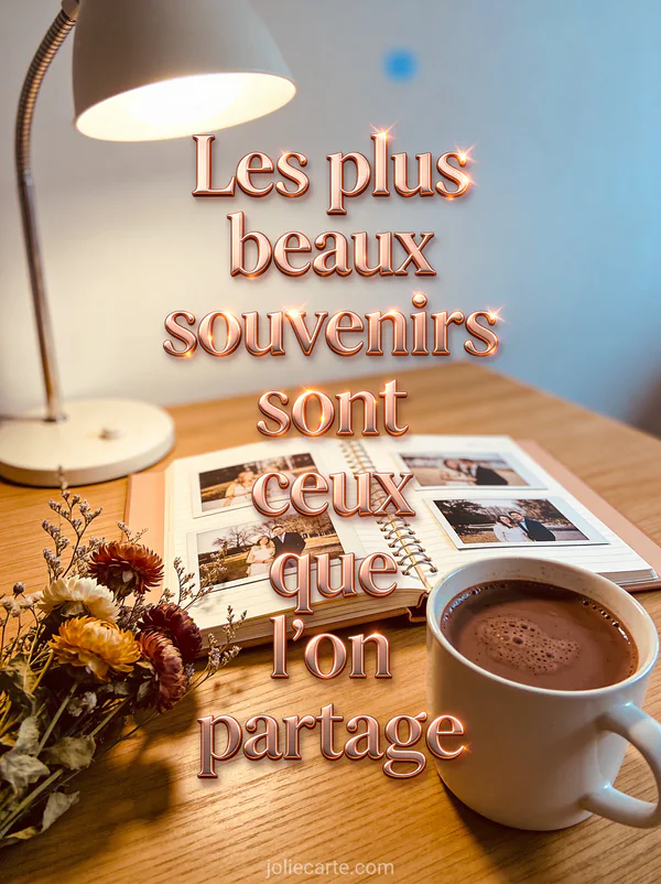 Album photo ouvert sur une table en bois avec des fleurs séchées et une tasse de chocolat chaud