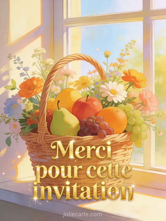 Panier de fruits et fleurs champêtres posé sur un rebord de fenêtre ensoleillé avec le texte Merci pour cette invitation en lettres dorées