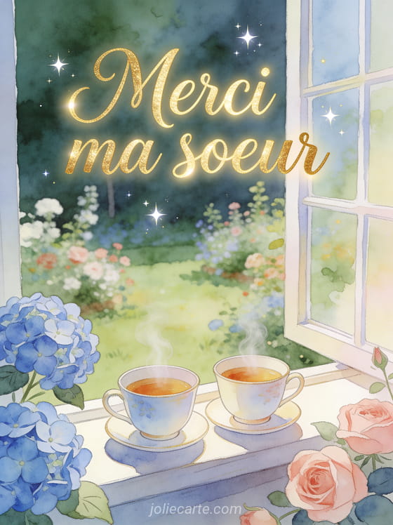 Deux tasses de thé fumantes côte à côte sur un rebord de fenêtre avec vue sur un jardin d'hortensias avec le texte Merci ma soeur