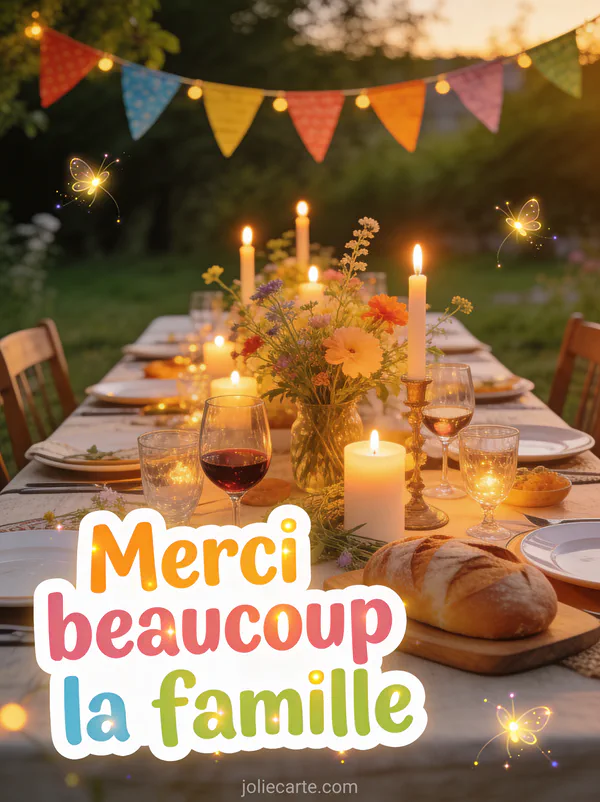 Longue table de repas champêtre en plein air avec bougies et guirlandes de fanions colorés au coucher du soleil